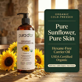 PURA D'OR bottle on a bathroom shelf in a natural setting suggesting ritual-friendly skincare
