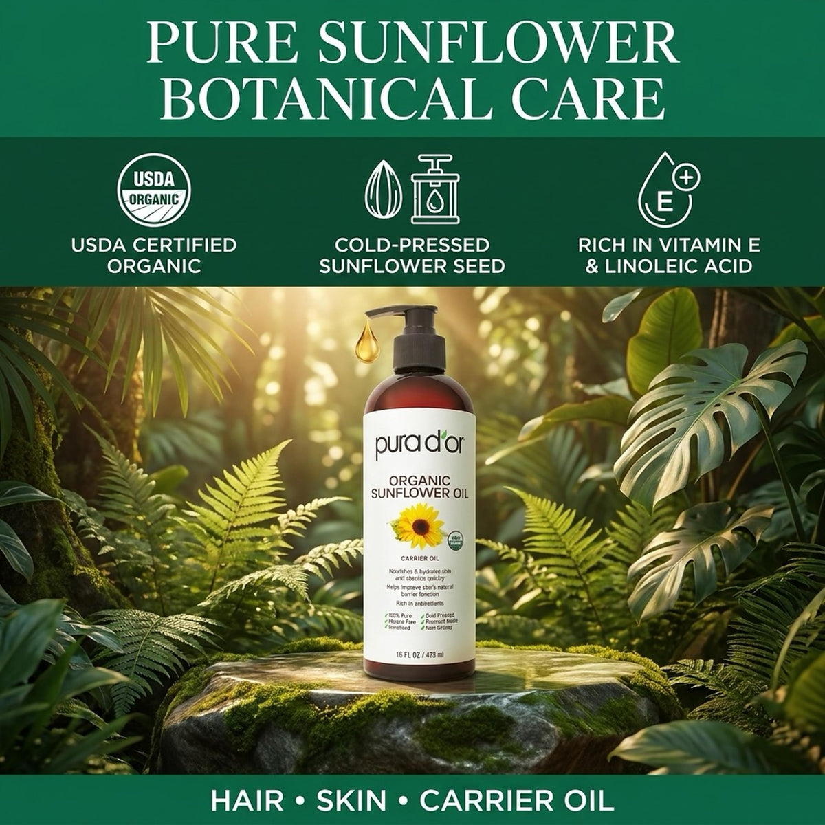 PURA D'OR 16 oz bottle next to a hand showing size and practical everyday use