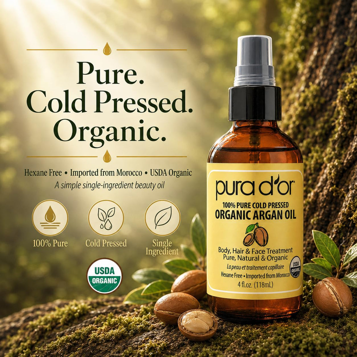 PURA D'OR product label with sustainable packaging note for clean sourcing
