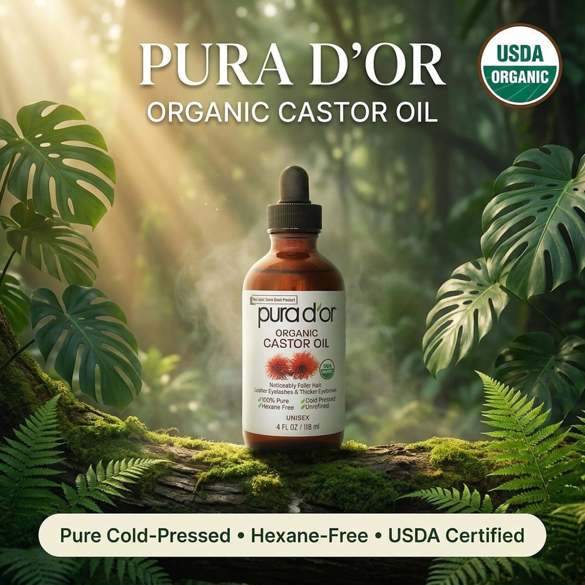 PURA D'OR castor oil texture being poured, illustrating smooth absorption benefit