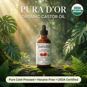 PURA D'OR castor oil texture being poured, illustrating smooth absorption benefit