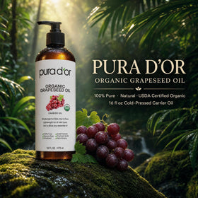 PURA D'OR close-up of pouring oil texture for quick absorption benefit