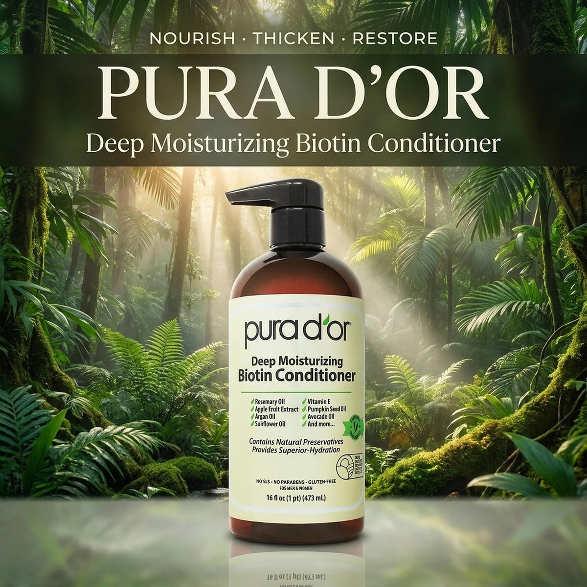 PURA D'OR pump dispenser close-up demonstrating easy, no-mess application