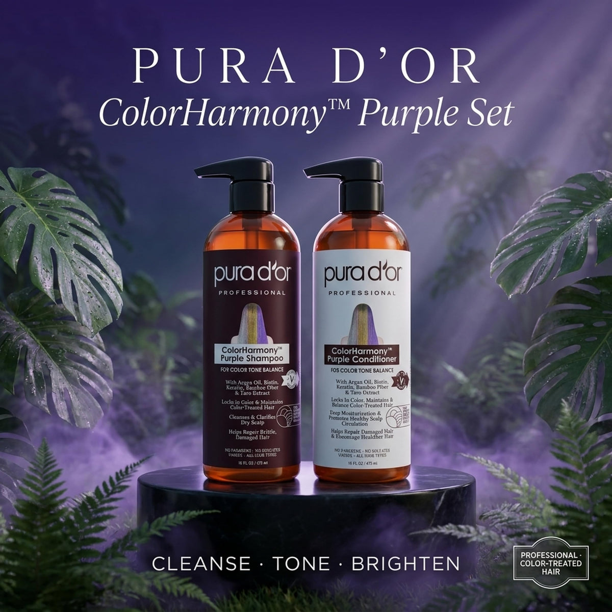 PURA D'OR purple shampoo pour texture demonstrating toning pigment