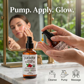 PURA D'OR bottle beside common items showing 4 oz scale and travel convenience benefit