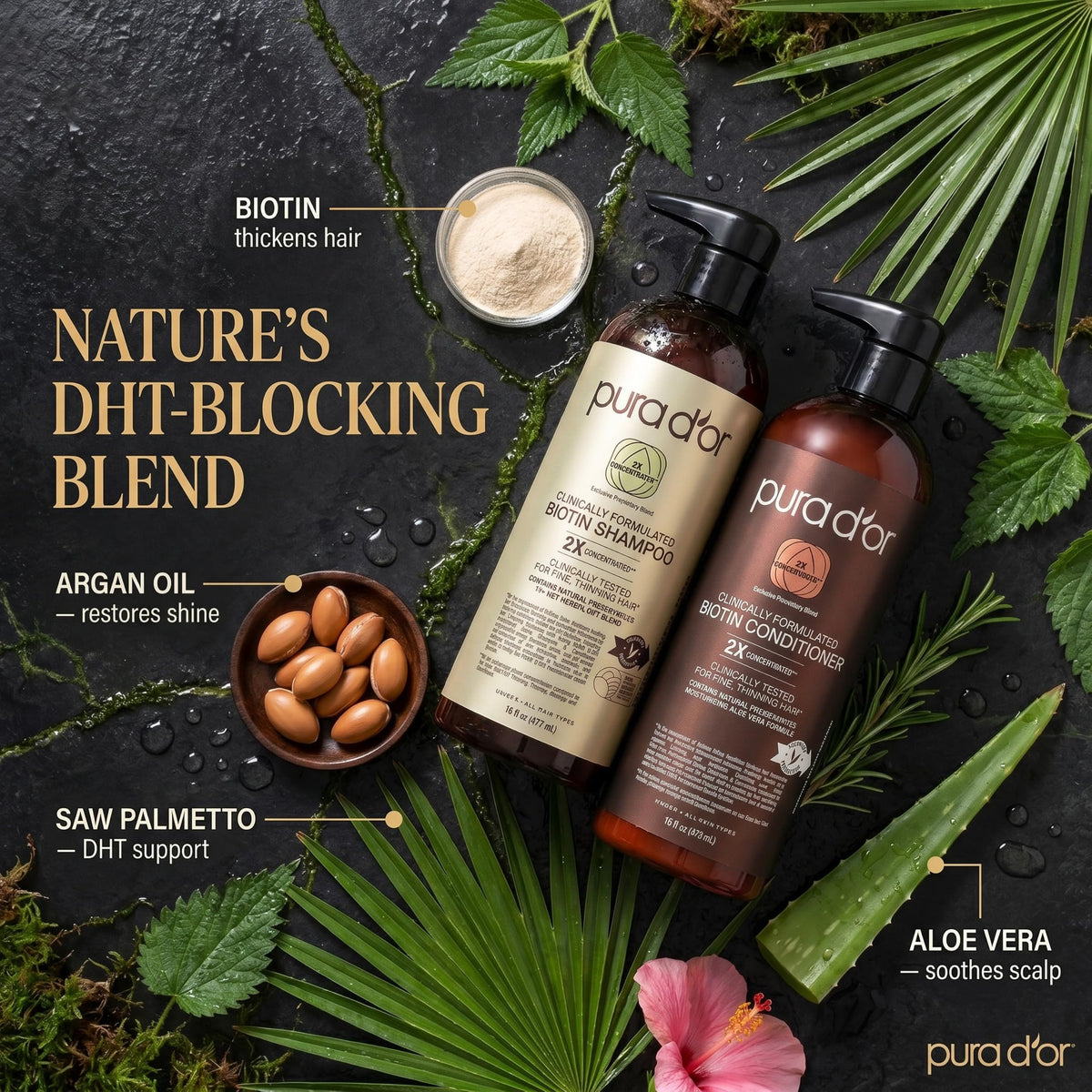 PURA D'OR bottle in hand for size and scale, showing travel-friendly 16oz benefit