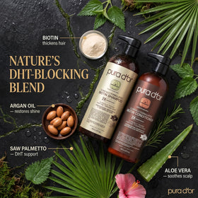 PURA D'OR bottle in hand for size and scale, showing travel-friendly 16oz benefit