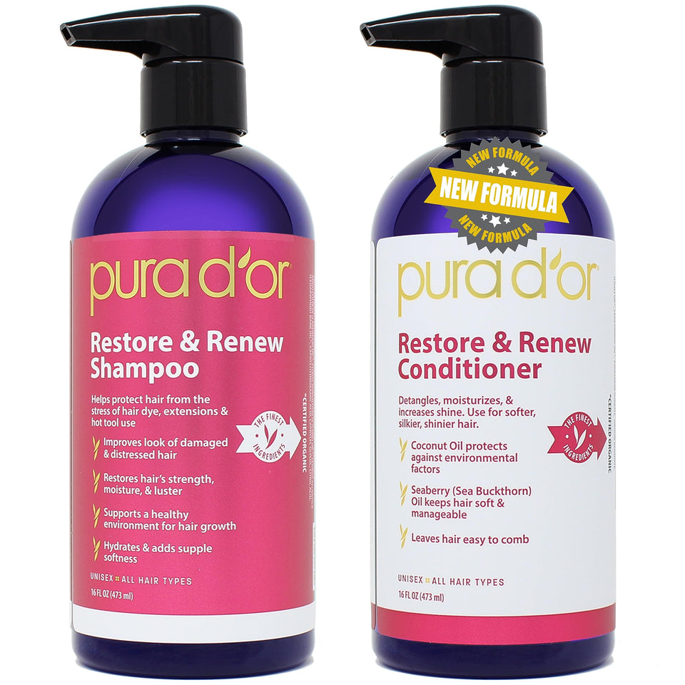 PURA D'OR front packaging of shampoo and conditioner showing set benefit