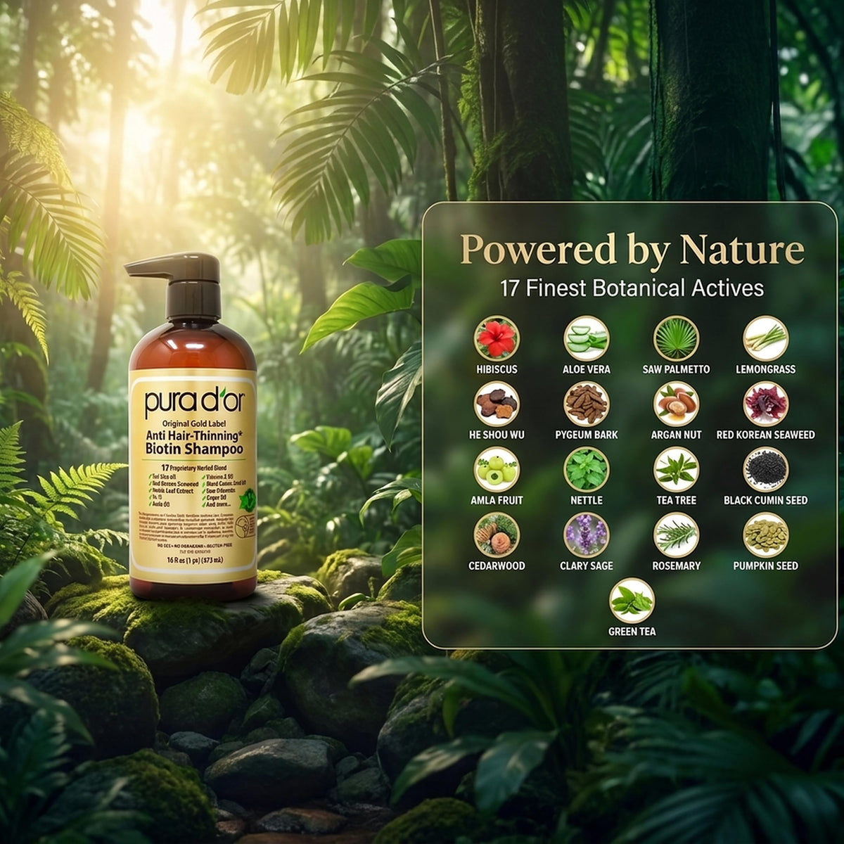 PURA D'OR shampoo in hand illustrating gentle application and coverage