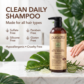 PURA D'OR shampoo in hand being applied to hair for improved manageability