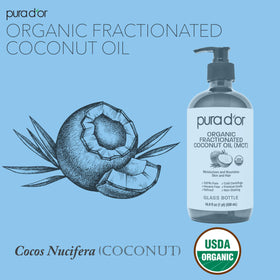 PURA D'OR bottle in a hand showing 16.9 oz scale and travel-ready benefit