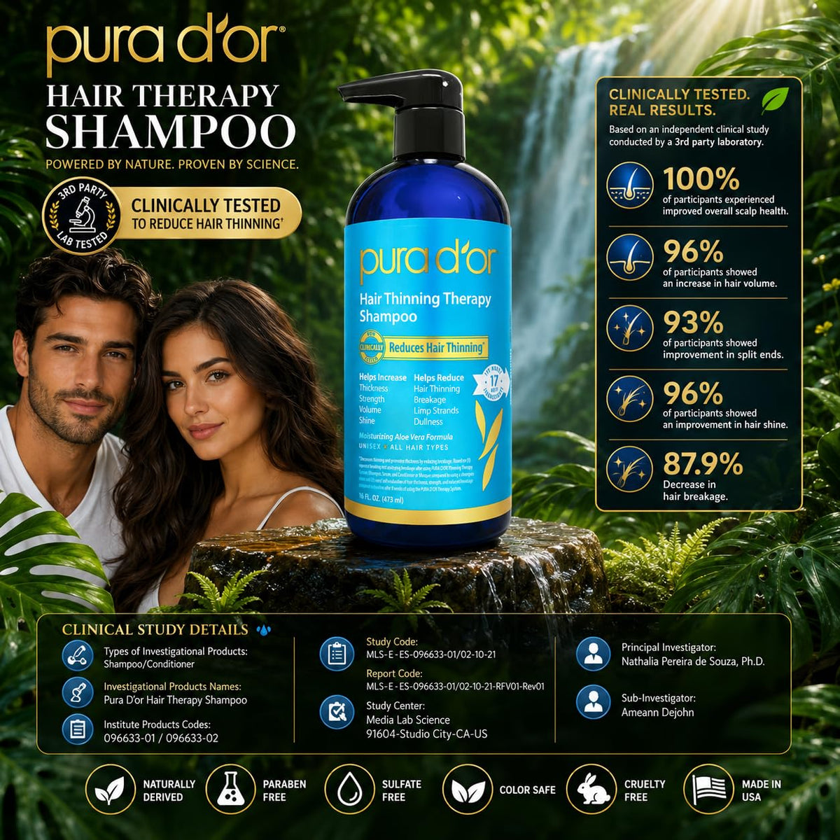 PURA D'OR bottle held in hand for scale, shows 16 fl oz travel-friendly size