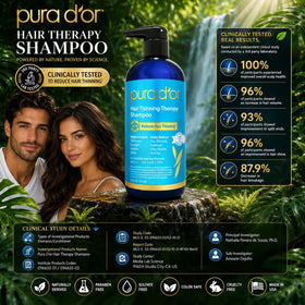 PURA D'OR bottle held in hand for scale, shows 16 fl oz travel-friendly size