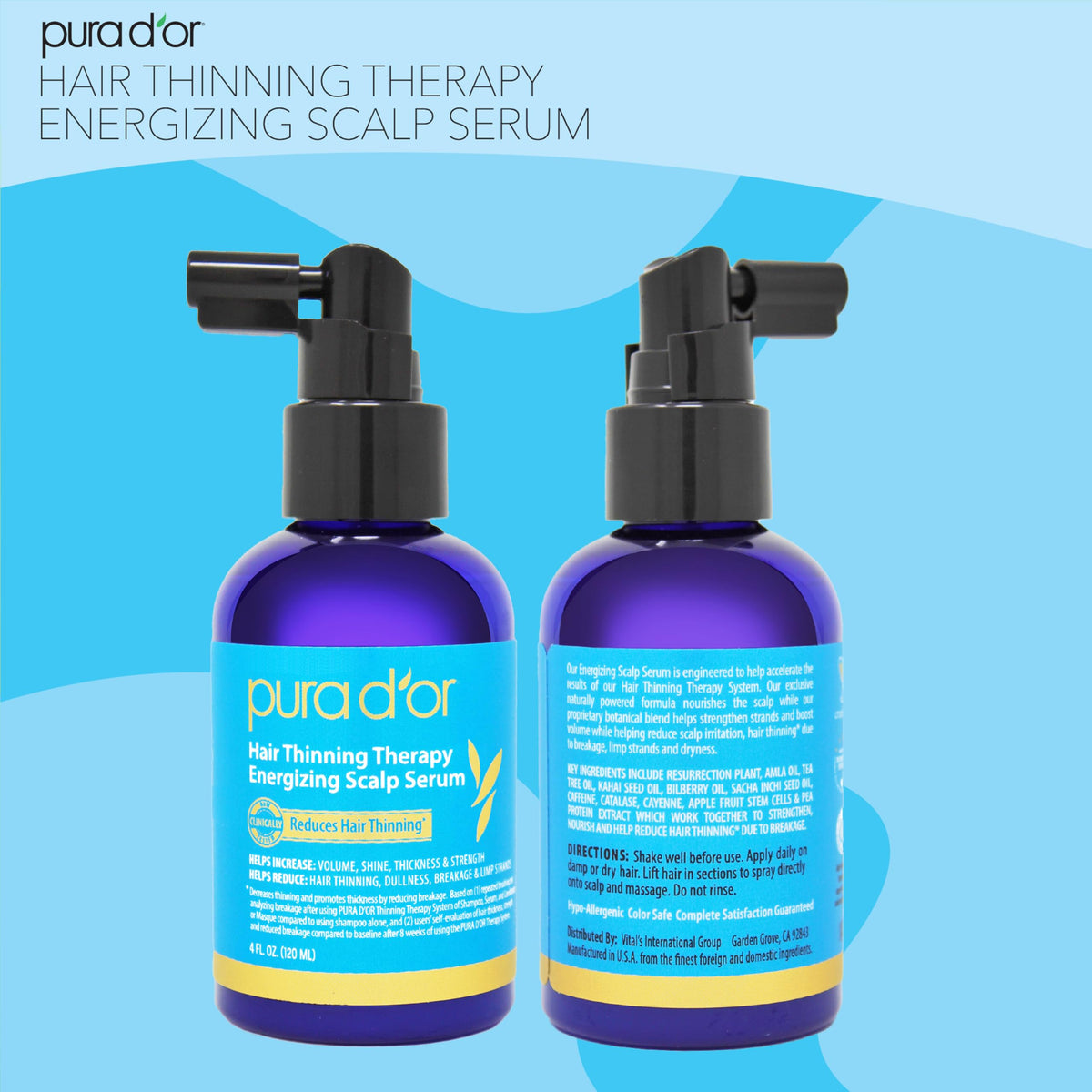 PURA D'OR 4 oz bottle beside common items for size and portability