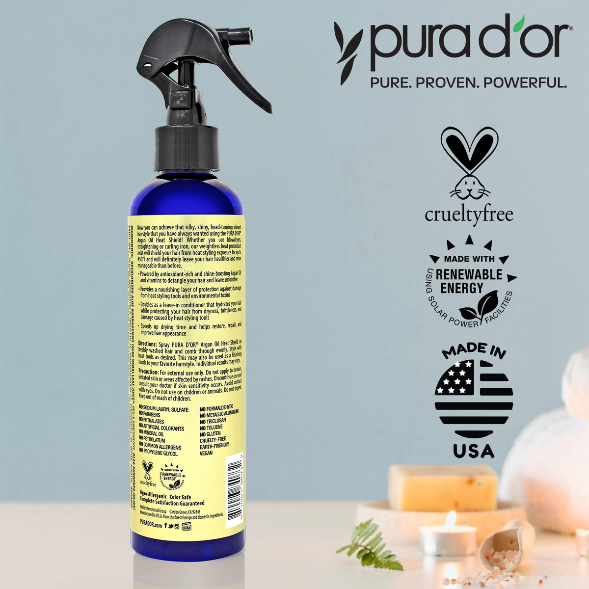 PURA D'OR 8 oz bottle held in hand showing scale and travel-friendly benefit