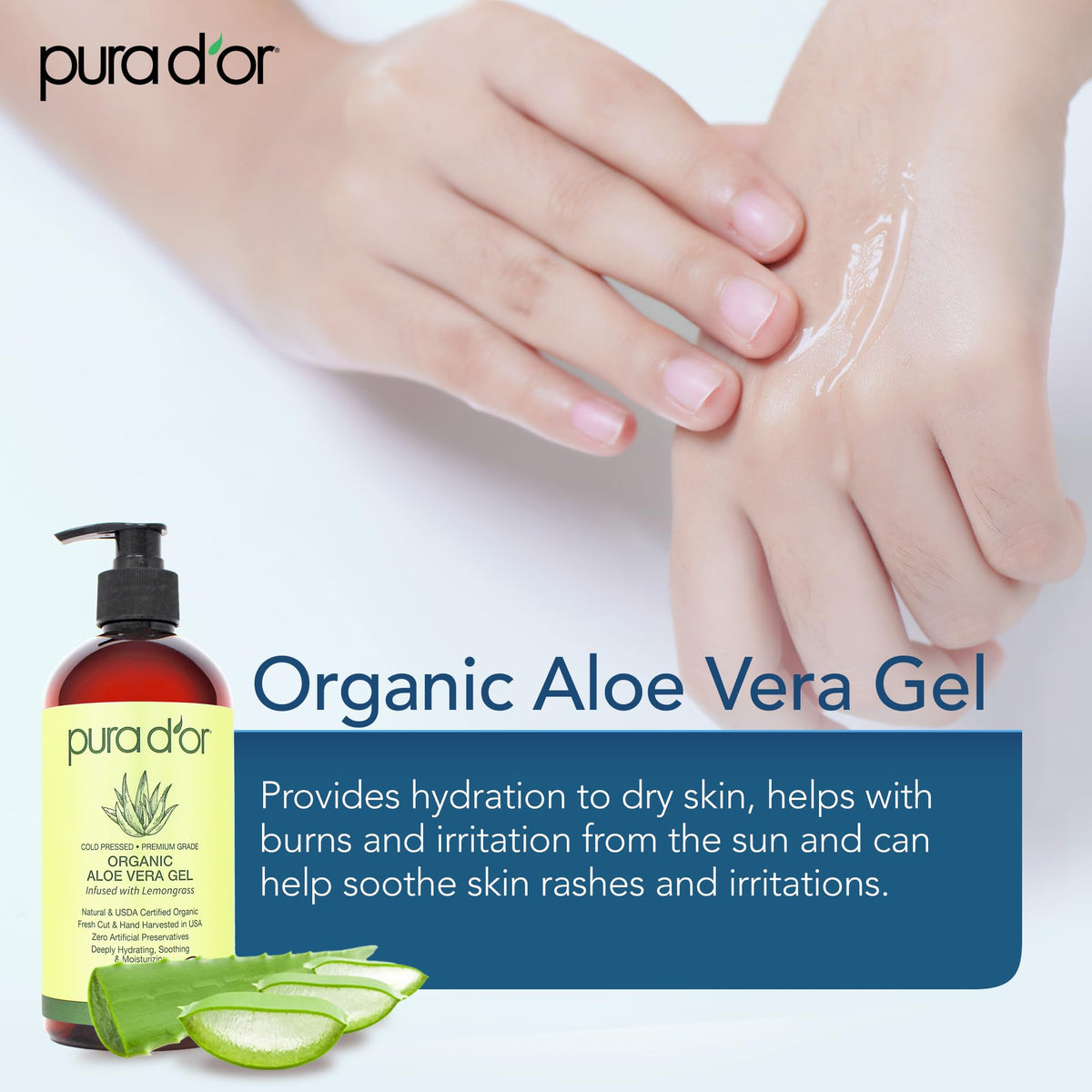 PURA D'OR jar in hand showing 16 oz scale and long-lasting supply benefit