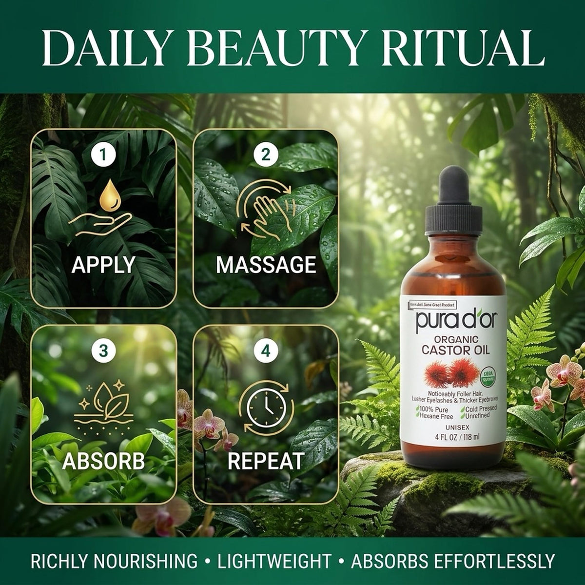 PURA D'OR massaged into hands and cuticles for hydration and nail care