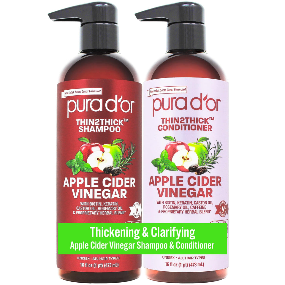 PURA D'OR front packaging showing full Thin2Thick shampoo and conditioner set benefit