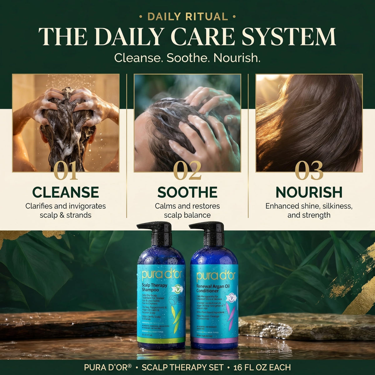 PURA D'OR application in shower for calming itchy scalp and hydrating hair