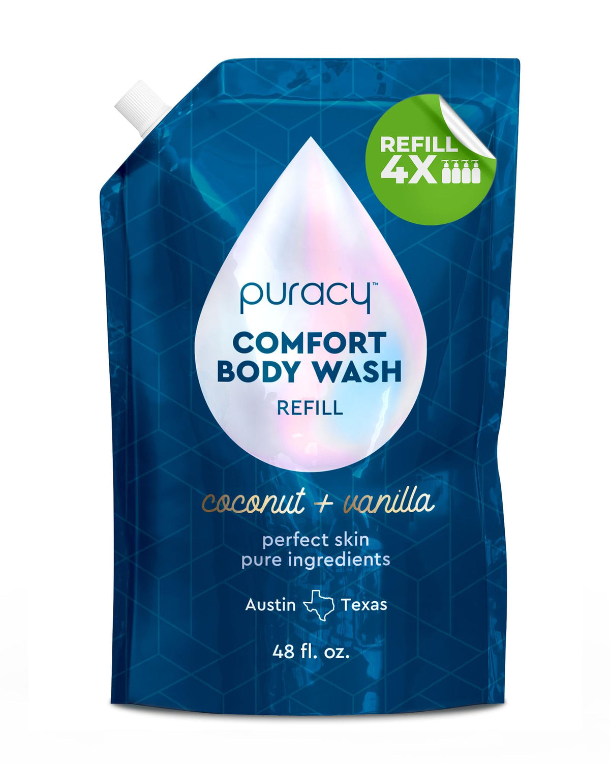 puracy bottle front label showing coconut vanilla scent and refill size benefit
