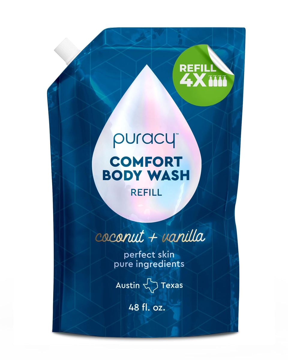 puracy bottle front label showing coconut vanilla scent and refill size benefit