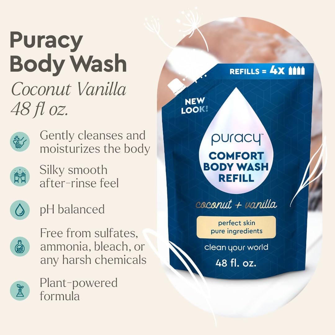 puracy pump dispensing body wash for easy refill and reduced waste