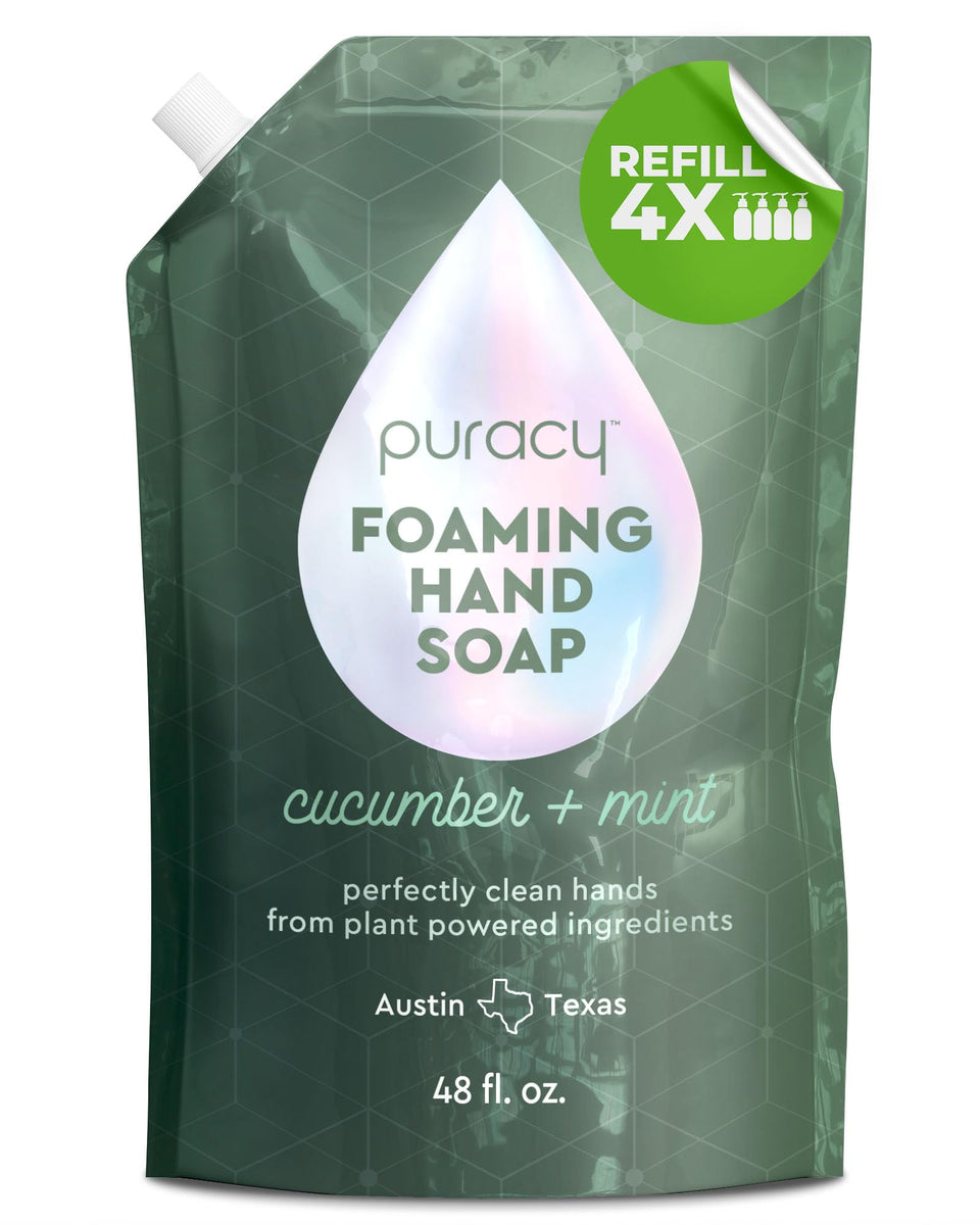 Puracy front packaging showing 48 fl oz refill and plant-powered benefits