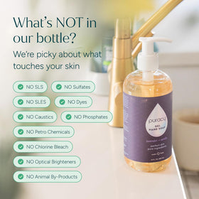 Puracy foaming soap in dispenser at sink promoting gentle daily use