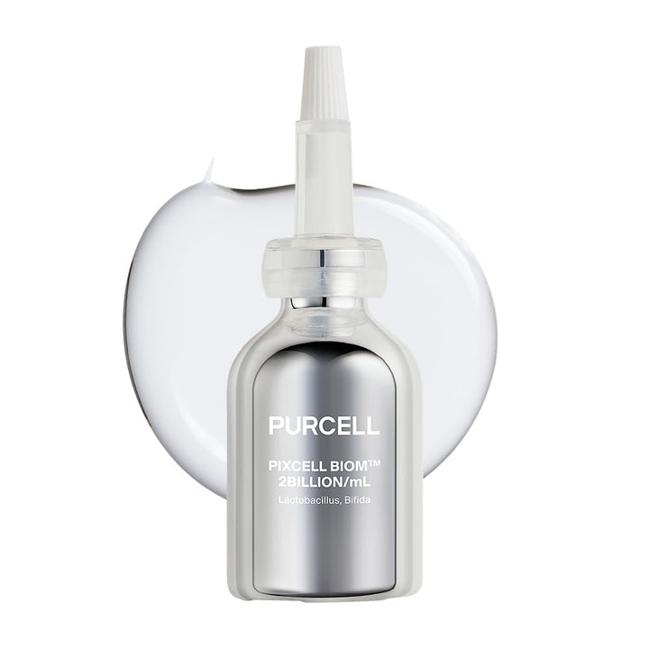 PURCELL bottle front view showing probiotic serum and clear design benefits
