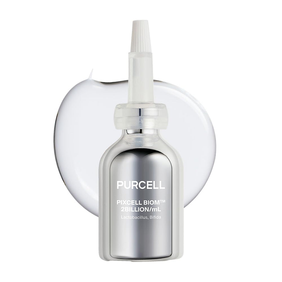PURCELL bottle front view showing probiotic serum and clear design benefits