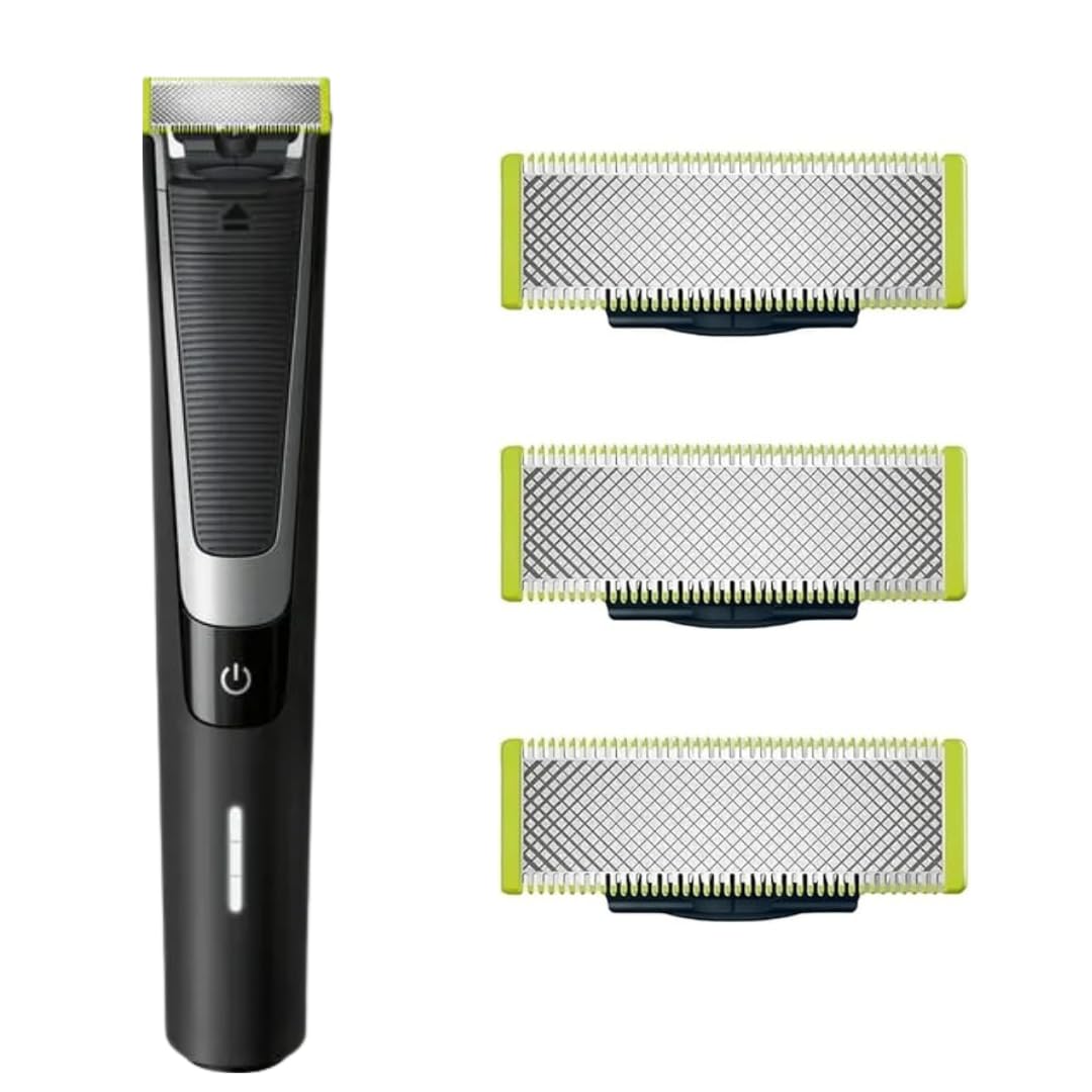PURCHASE 2 QUICK front packaging showing three replacement blades and branding benefit longevity