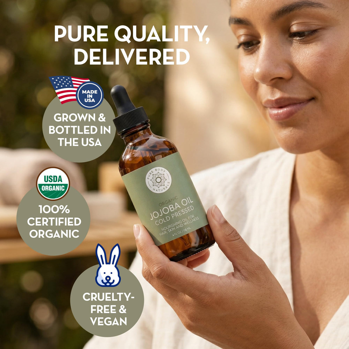 Pure Body Naturals applying oil to face to demonstrate fast absorption benefit