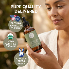 Pure Body Naturals applying oil to face to demonstrate fast absorption benefit