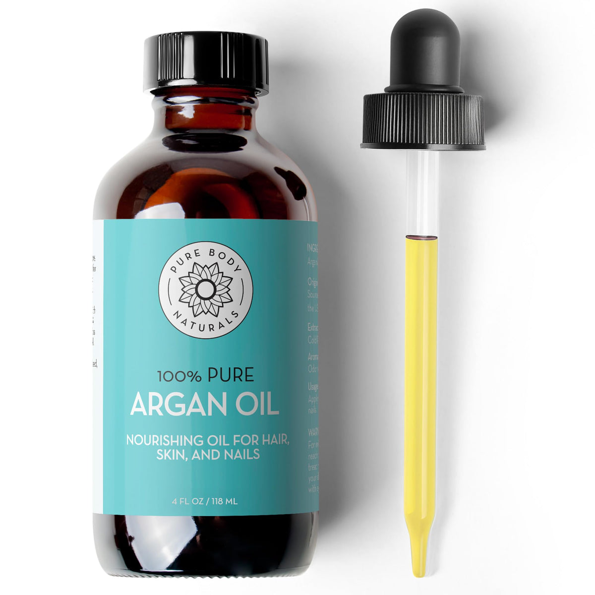Pure Body Naturals front bottle view showing pure argan oil benefit: nourishing skin