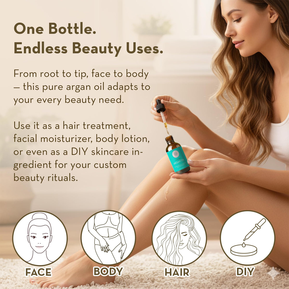 Pure Body Naturals applied to hair ends to reduce frizz and add shine benefit