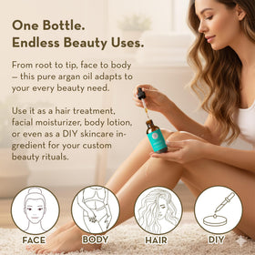 Pure Body Naturals applied to hair ends to reduce frizz and add shine benefit