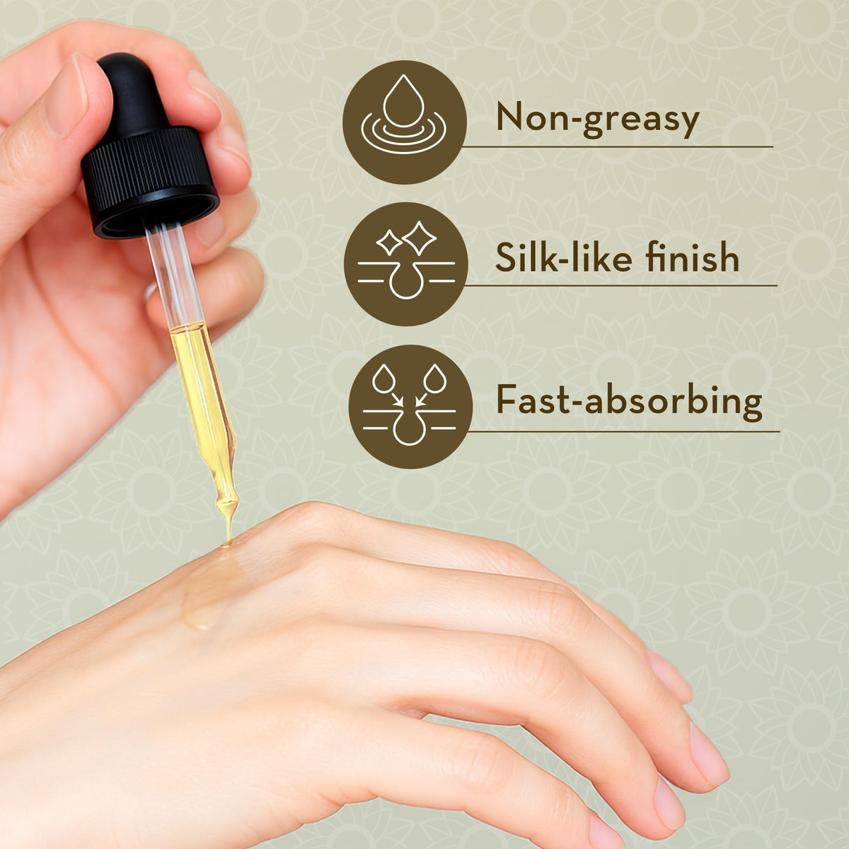 Pure Body Naturals oil texture close-up showing lightweight absorption benefit