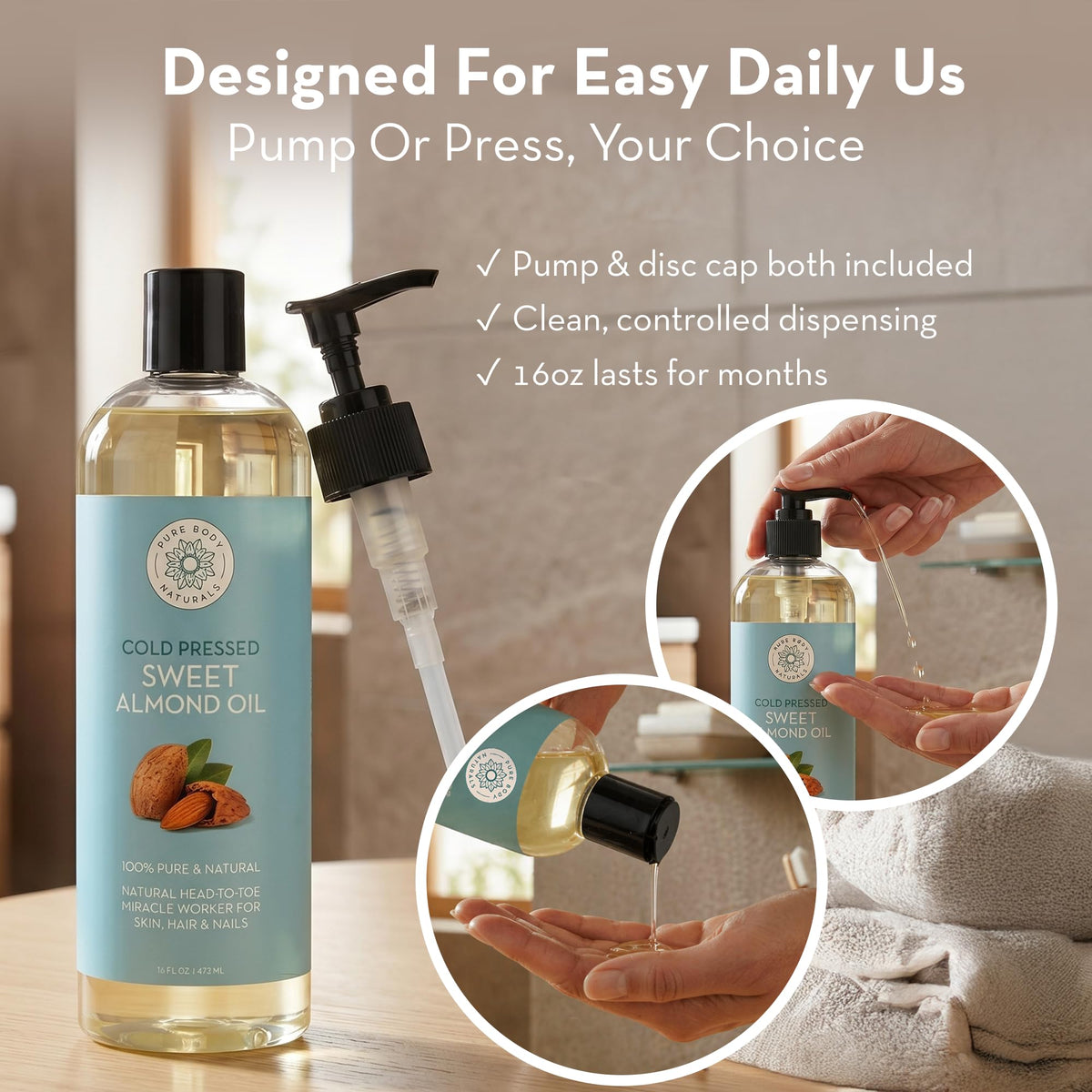 Pure Body Naturals bottle close-up of cap and seal for freshness