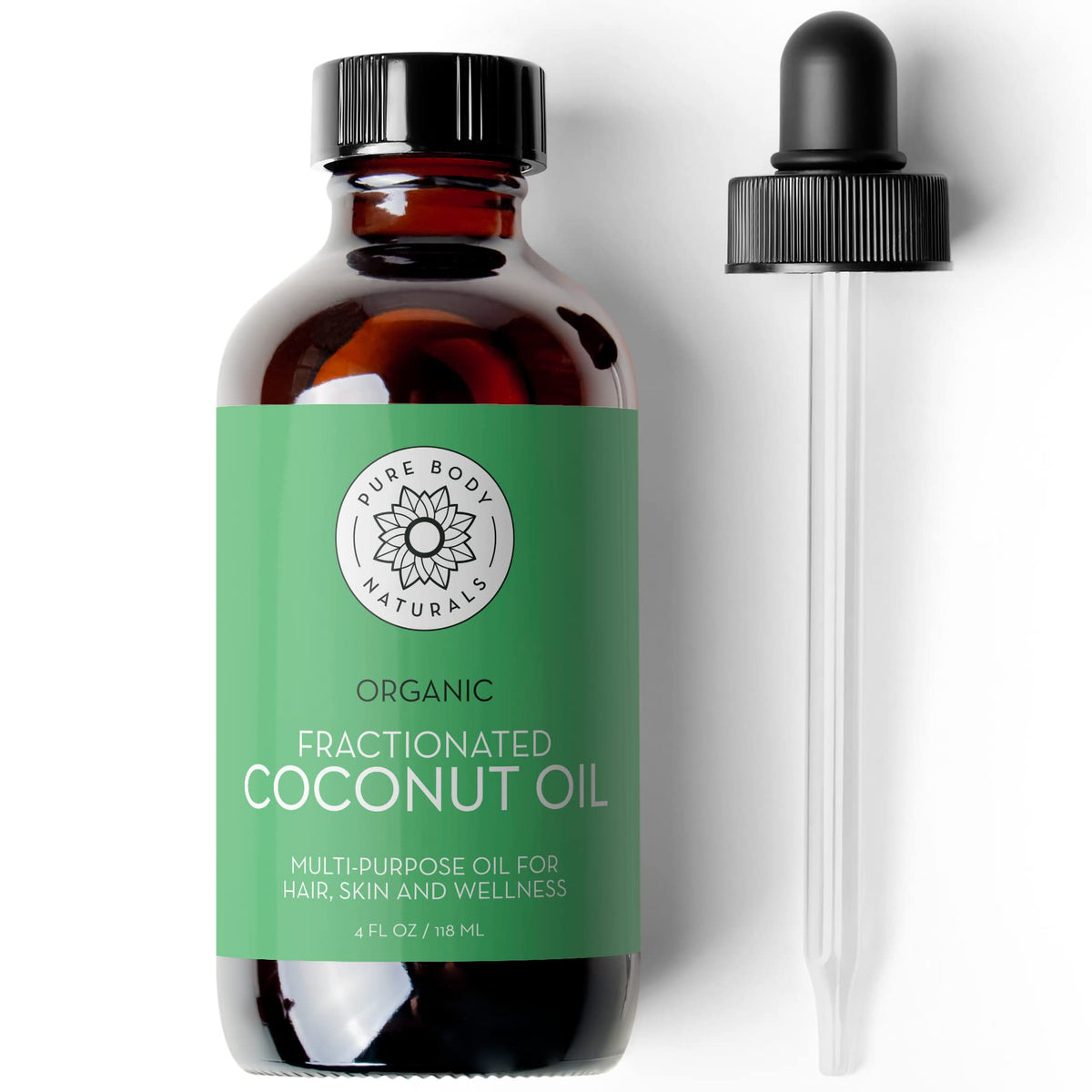 Pure Body Naturals front amber glass bottle showing label and volume benefits