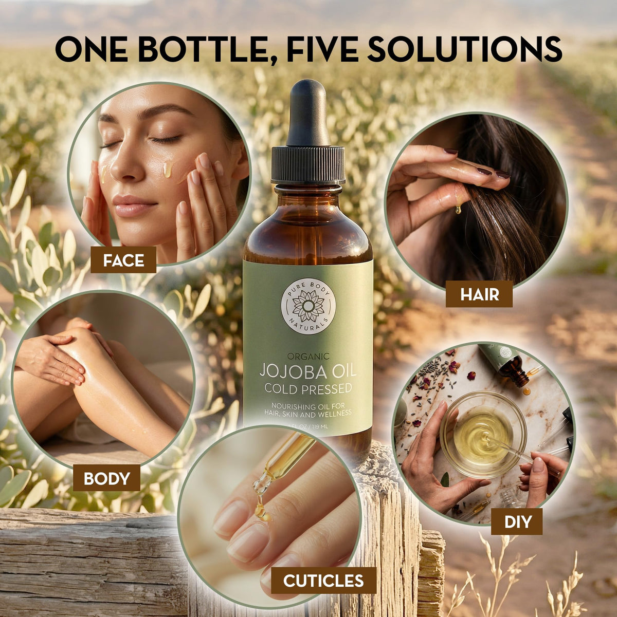 Pure Body Naturals massaging oil into hair for shine and manageability benefit