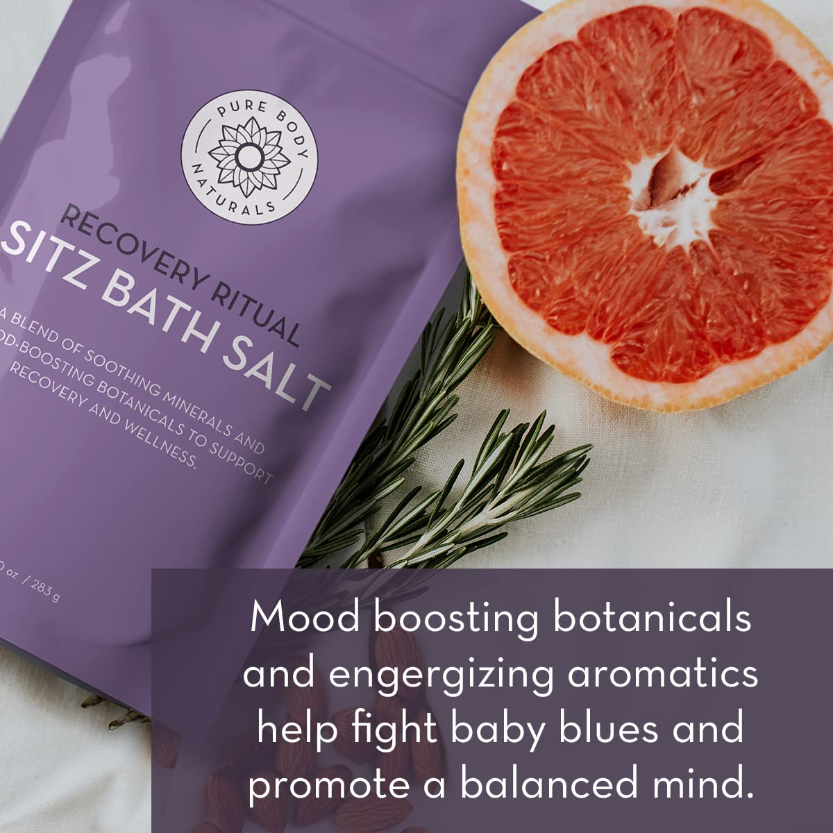 Pure Body Naturals herbal ingredients close-up illustrating natural botanicals and calming benefits