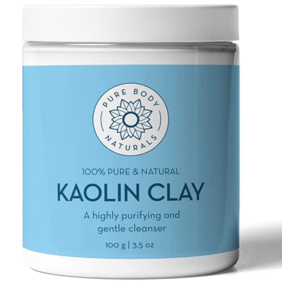 Pure Body Naturals front packaging showing 100 g kaolin clay, easy DIY use