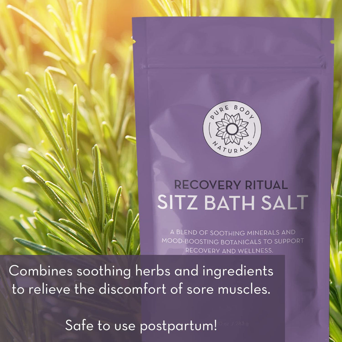 Pure Body Naturals open jar texture of salt blend highlighting soothing granules and botanicals