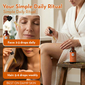 Pure Body Naturals massaging oil into scalp to support smoothing and manageability
