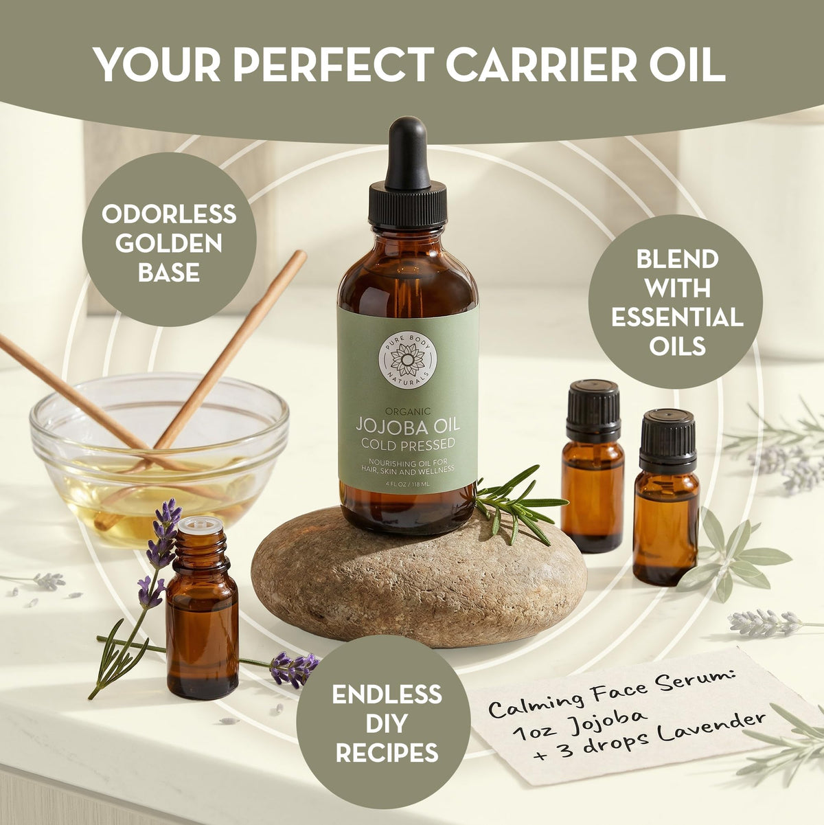 Pure Body Naturals 4 fl oz bottle next to a measuring cup showing scale and quantity benefit