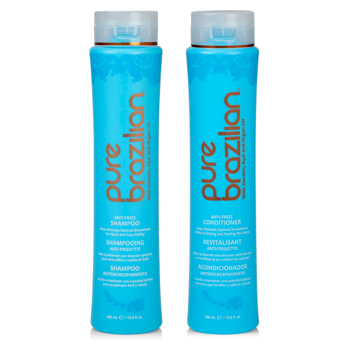 Pure Brazilian front packaging duo showing bottles and labels benefits