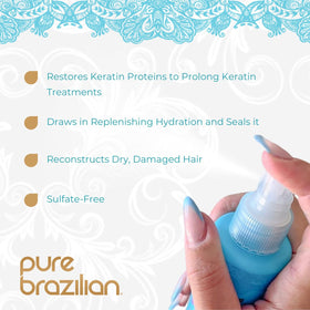 Pure Brazilian pump and label detail highlighting easy dispensing benefit