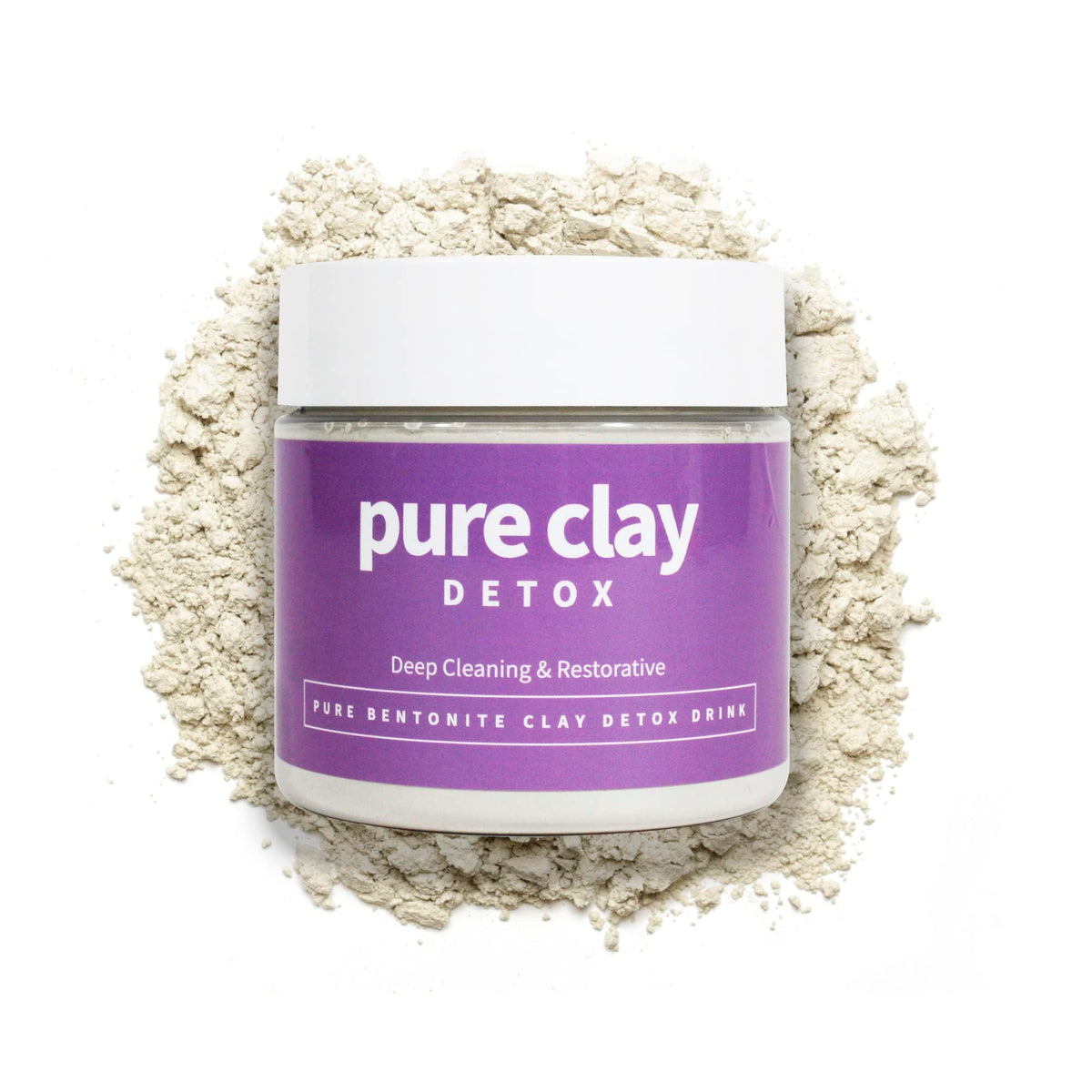 PURE CLAY jar front view showing label and resealable lid for pure storage