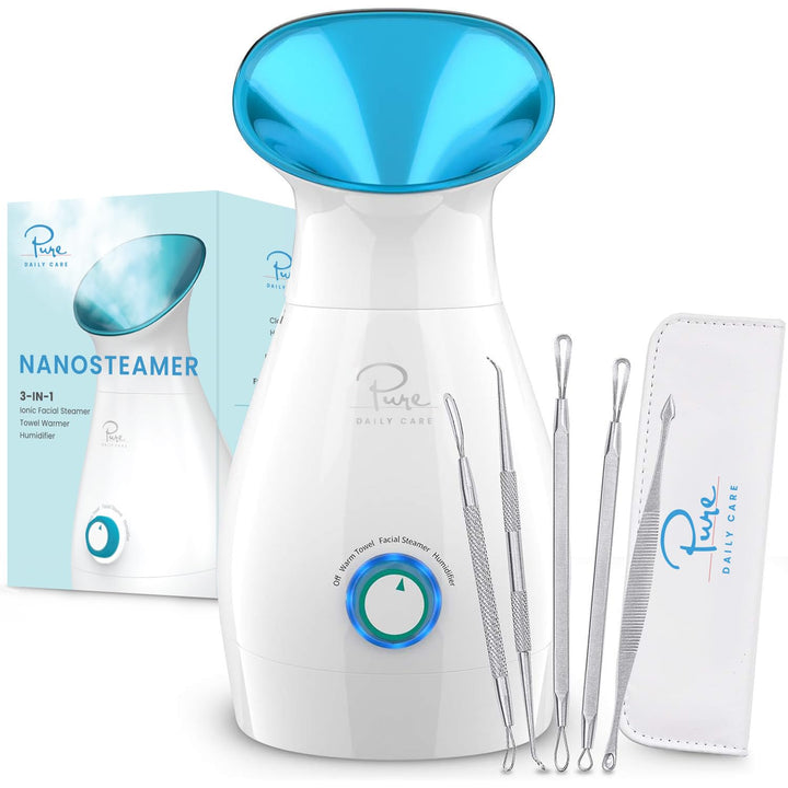 Pure Daily Care NanoSteamer front view in teal showing compact design and spa-quality benefit