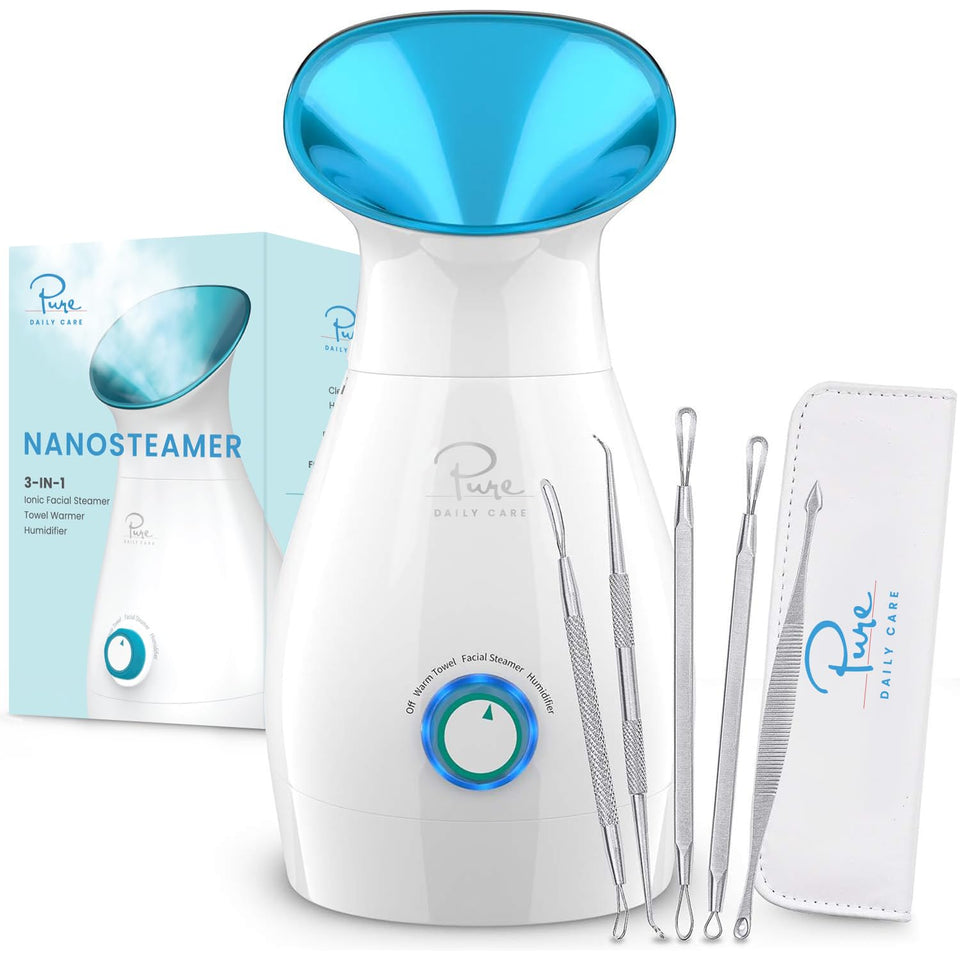 Pure Daily Care NanoSteamer front view in teal showing compact design and spa-quality benefit
